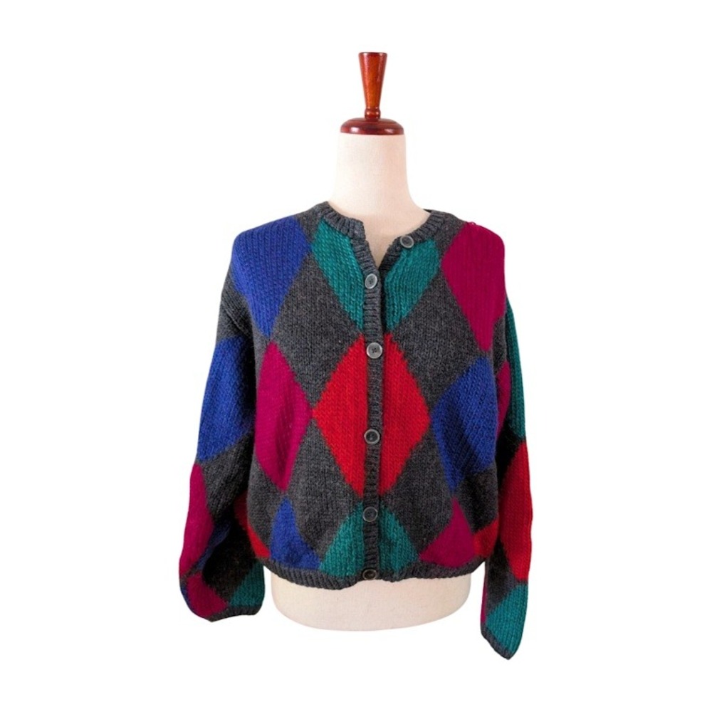 VTG Liz Claiborne Collection Hand Knitted Argyle Cardigan Sweater Women's SZ‎ Sm